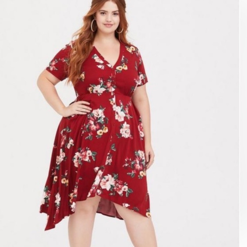 Torrid Floral Challis Shirt Dress Red Hi Low V-Neck Sharkbite Hem